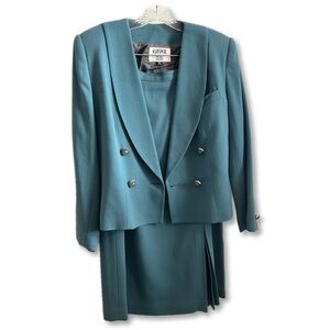 Vintage Kasper Teal Double-Breasted Blazer and Skirt Set Size 10 P Wool Women